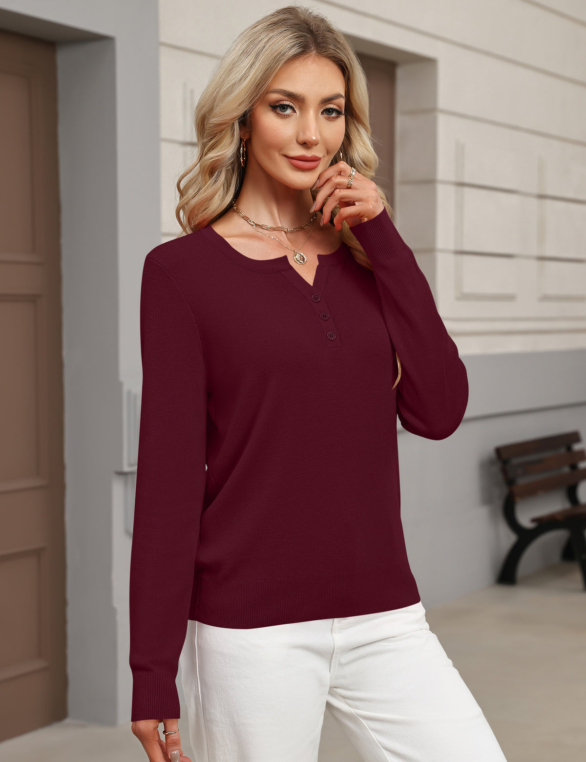 LOMON Womens Wool Blend Long Sleeve Sweaters V Neck Henley Pullover Tops