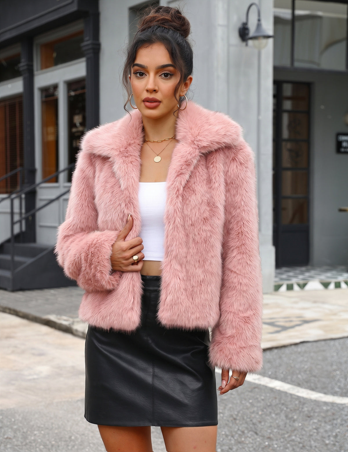 LOMON Faux Fur Coat Women Two-Tone Cropped Fluffy Jacket