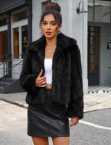 LOMON Faux Fur Coat Women Two-Tone Cropped Fluffy Jacket