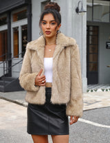 LOMON Faux Fur Coat Women Two-Tone Cropped Fluffy Jacket