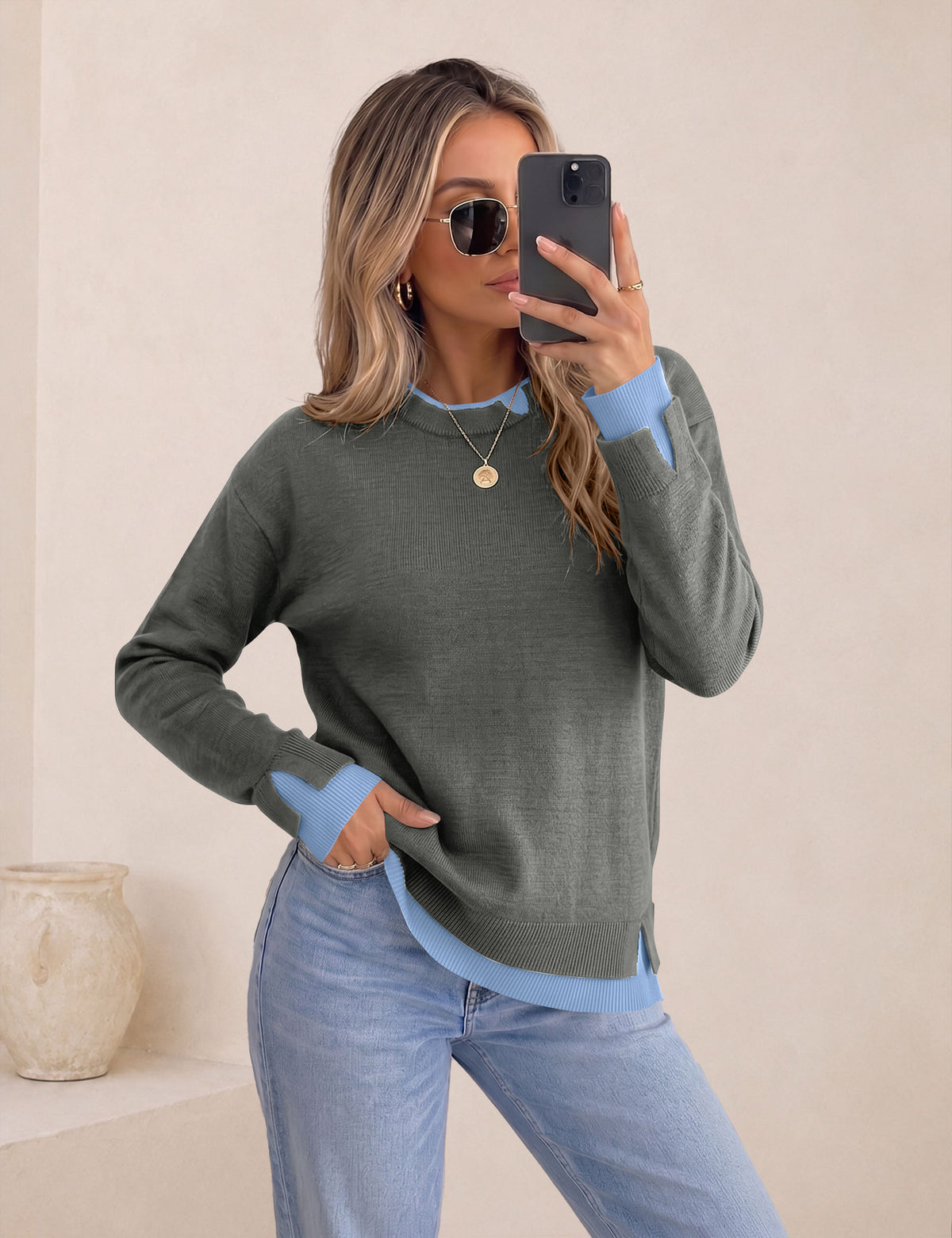 LOMON Womens Sweaters Cozy Long Sleeve Pullover Tops Faux Layered Sweaters