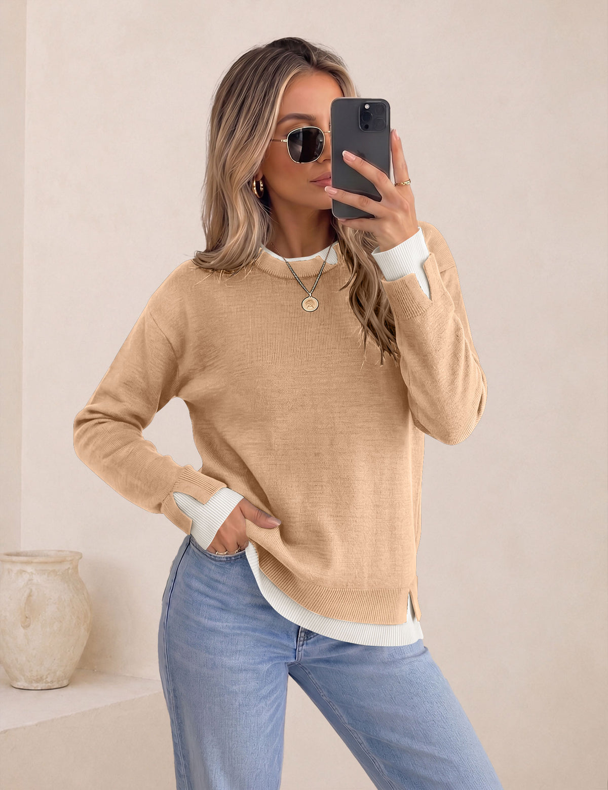 LOMON Womens Sweaters Cozy Long Sleeve Pullover Tops Faux Layered Sweaters