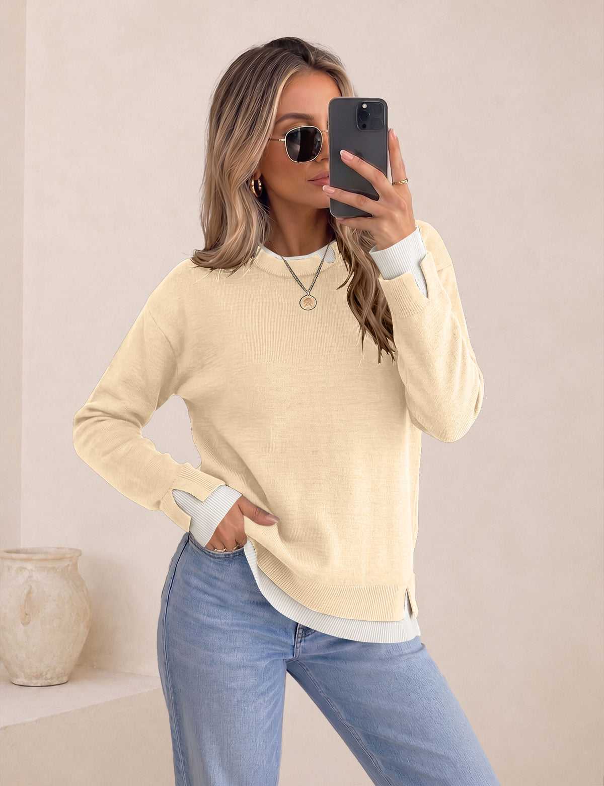 LOMON Womens Sweaters Cozy Long Sleeve Pullover Tops Faux Layered Sweaters