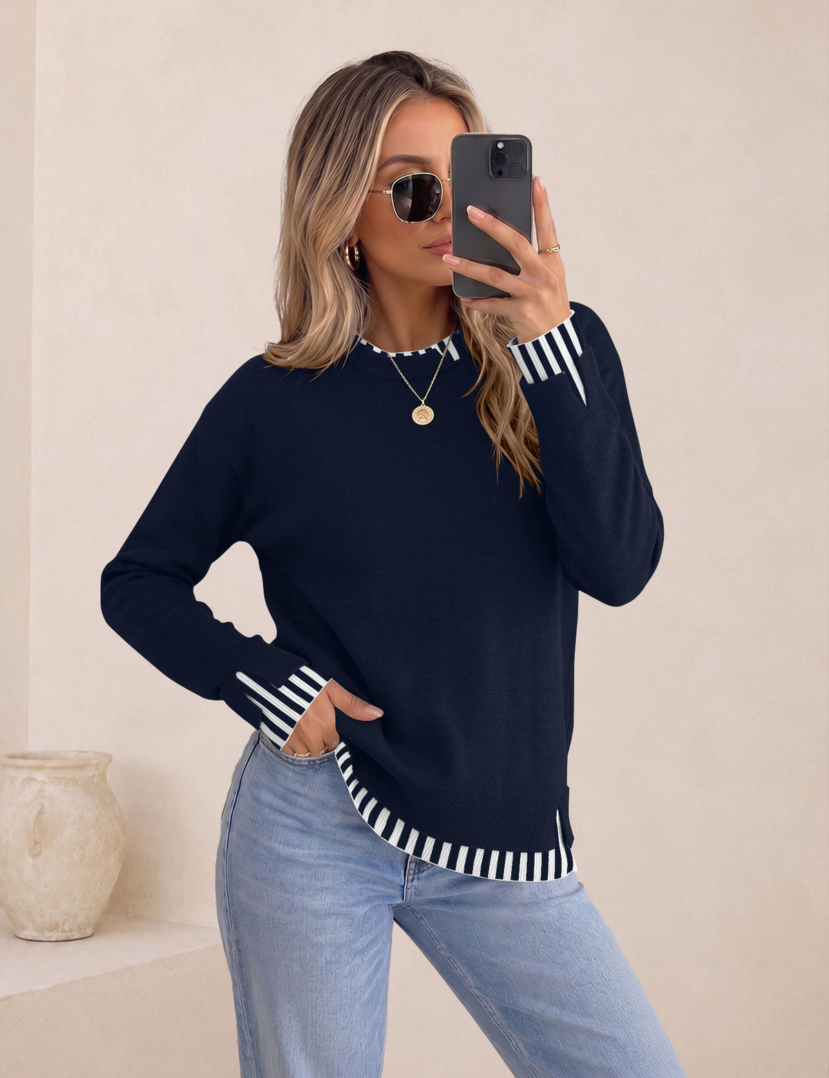 LOMON Womens Sweaters Cozy Long Sleeve Pullover Tops Faux Layered Sweaters