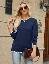 LOMON Sweaters for Women Fall Scalloped Long Sleeve Pullover