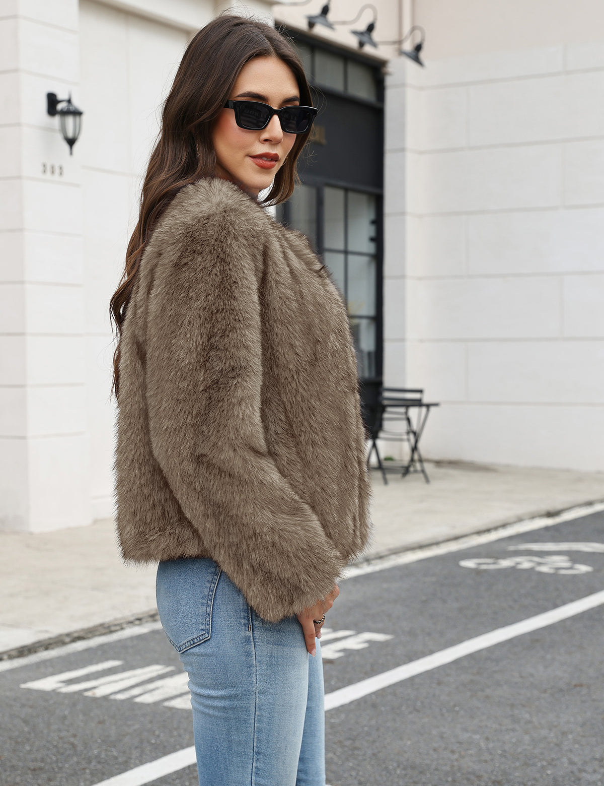 LOMON Women's Winter Cropped Faux Fur Coat Long Sleeve Open Front Cardigan