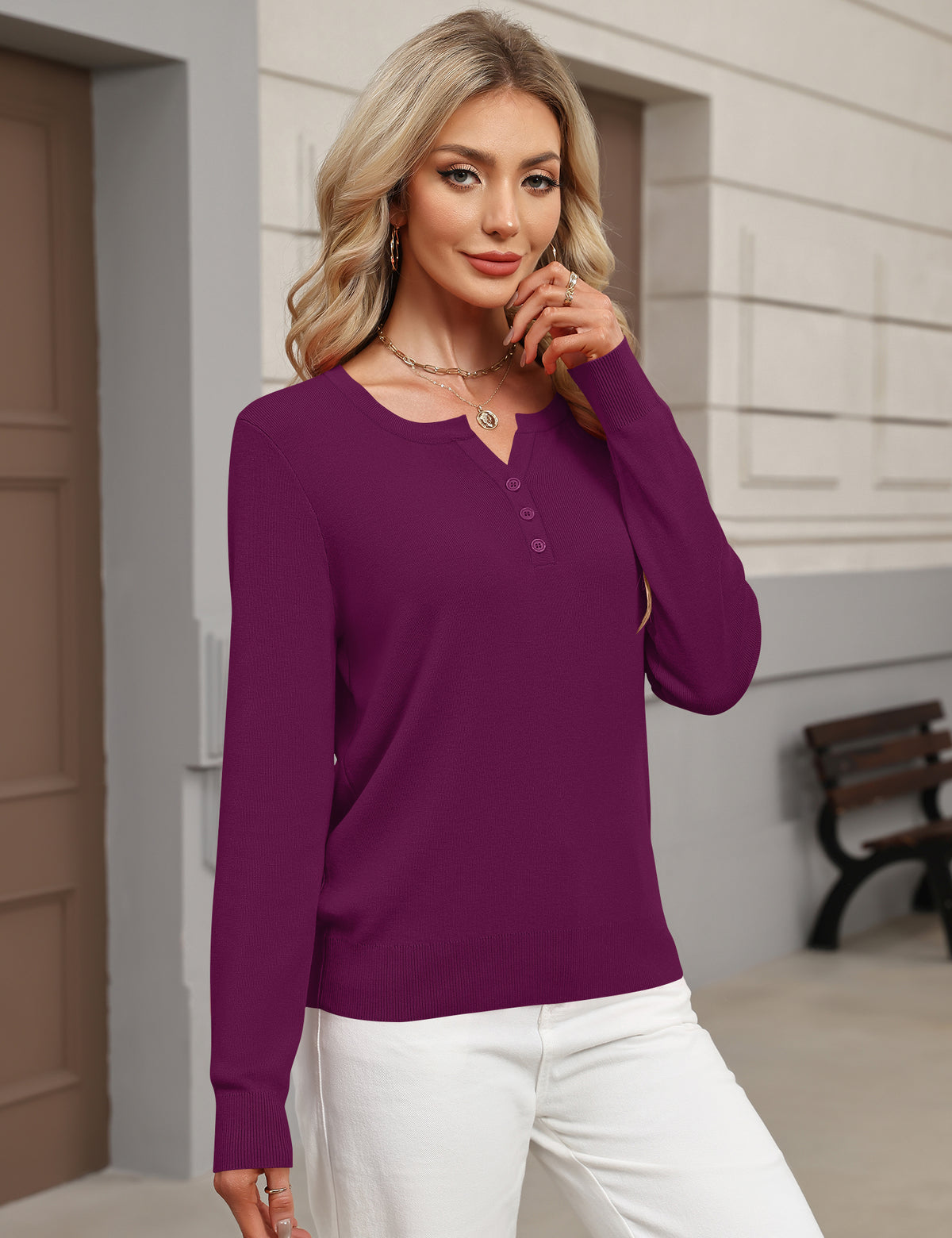 LOMON Womens Wool Blend Long Sleeve Sweaters V Neck Henley Pullover Tops