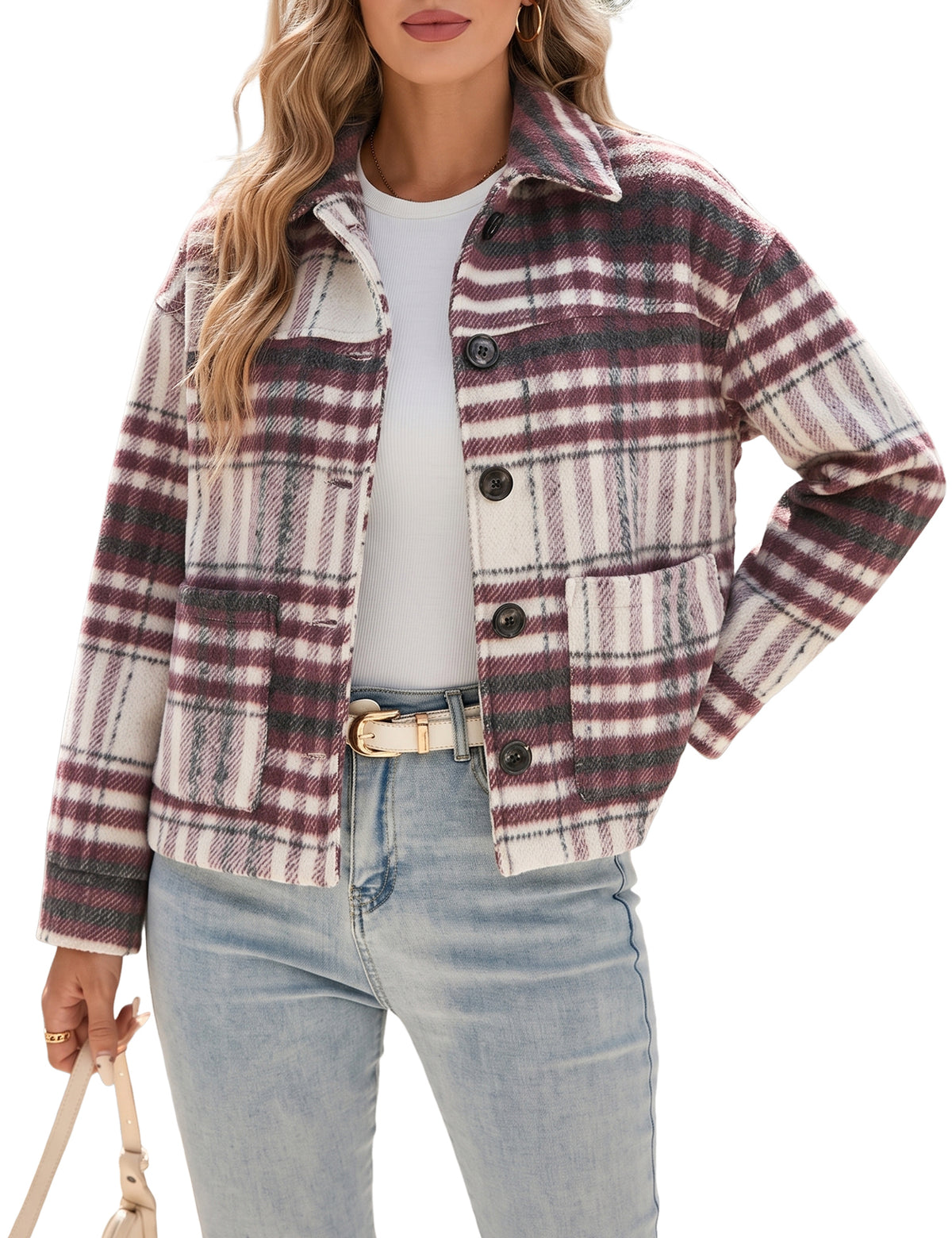 LOMON Women's Flannel Cropped Plaid Shacket Jacket Button Down Fall Outfits