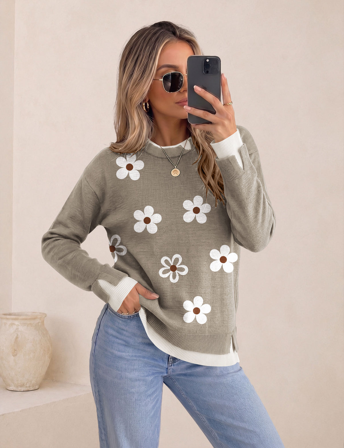 LOMON Womens Sweaters Cozy Long Sleeve Pullover Tops Faux Layered Sweaters