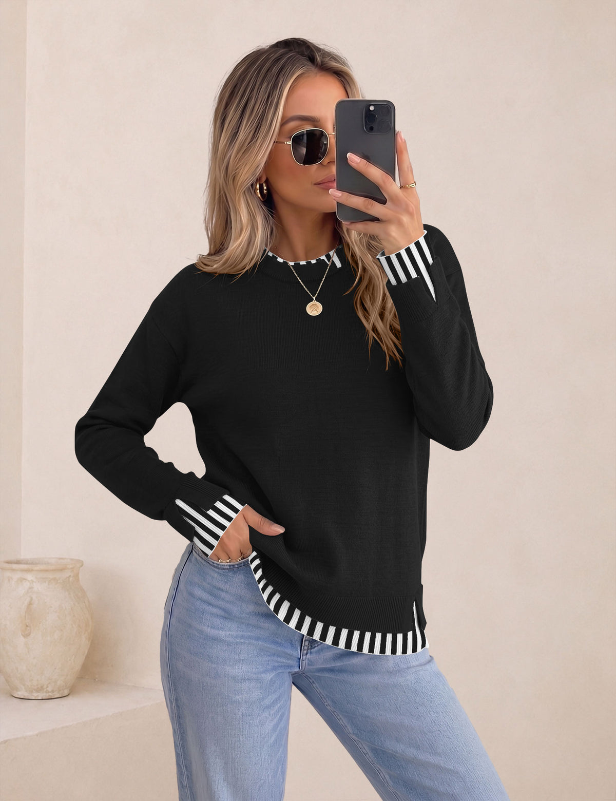 LOMON Womens Sweaters Cozy Long Sleeve Pullover Tops Faux Layered Sweaters