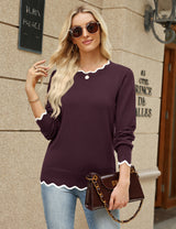 LOMON Sweaters for Women Fall Scalloped Long Sleeve Pullover