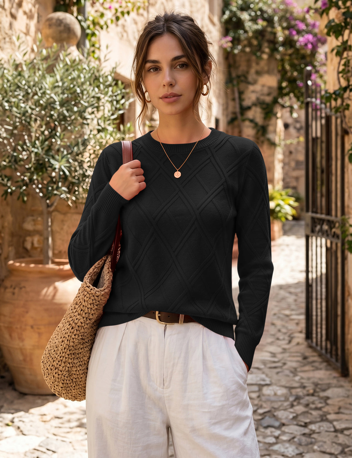 LOMON Women's Cable Knit Sweater Long Sleeve Crew Neck Fall Tops