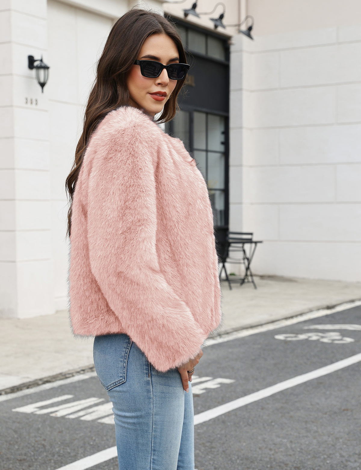 LOMON Women's Winter Cropped Faux Fur Coat Long Sleeve Open Front Cardigan