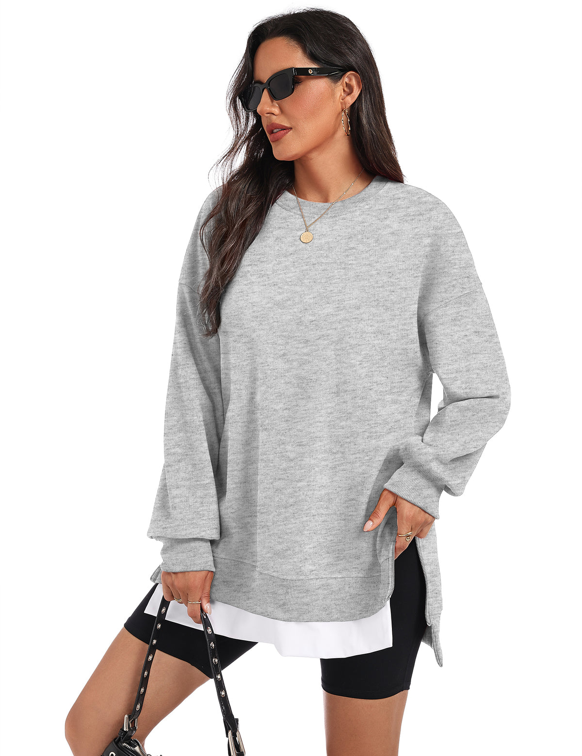 LOMON Women Fleece Oversized Crewneck Sweatshirt Layered Tunic Pullover