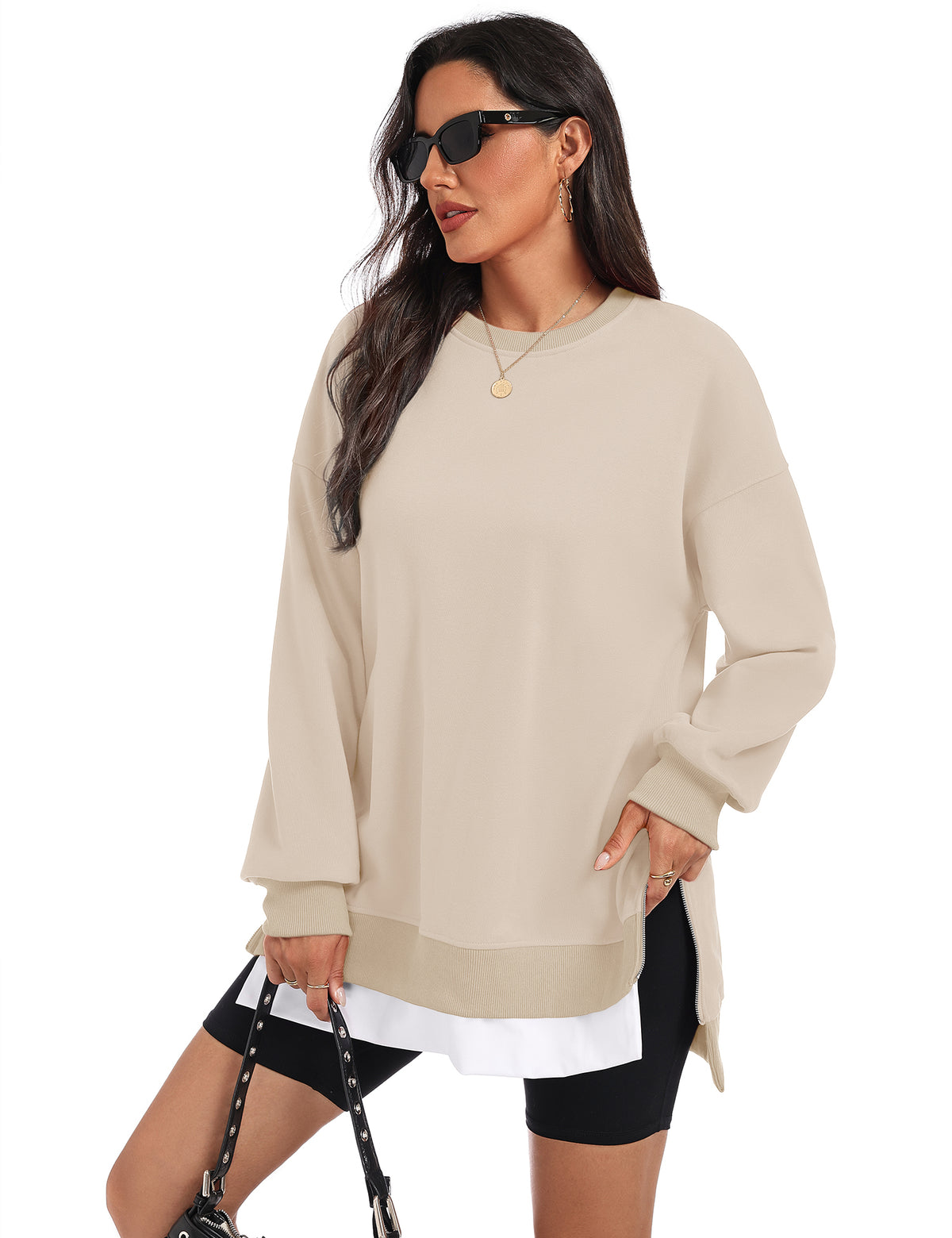 LOMON Women Fleece Oversized Crewneck Sweatshirt Layered Tunic Pullover