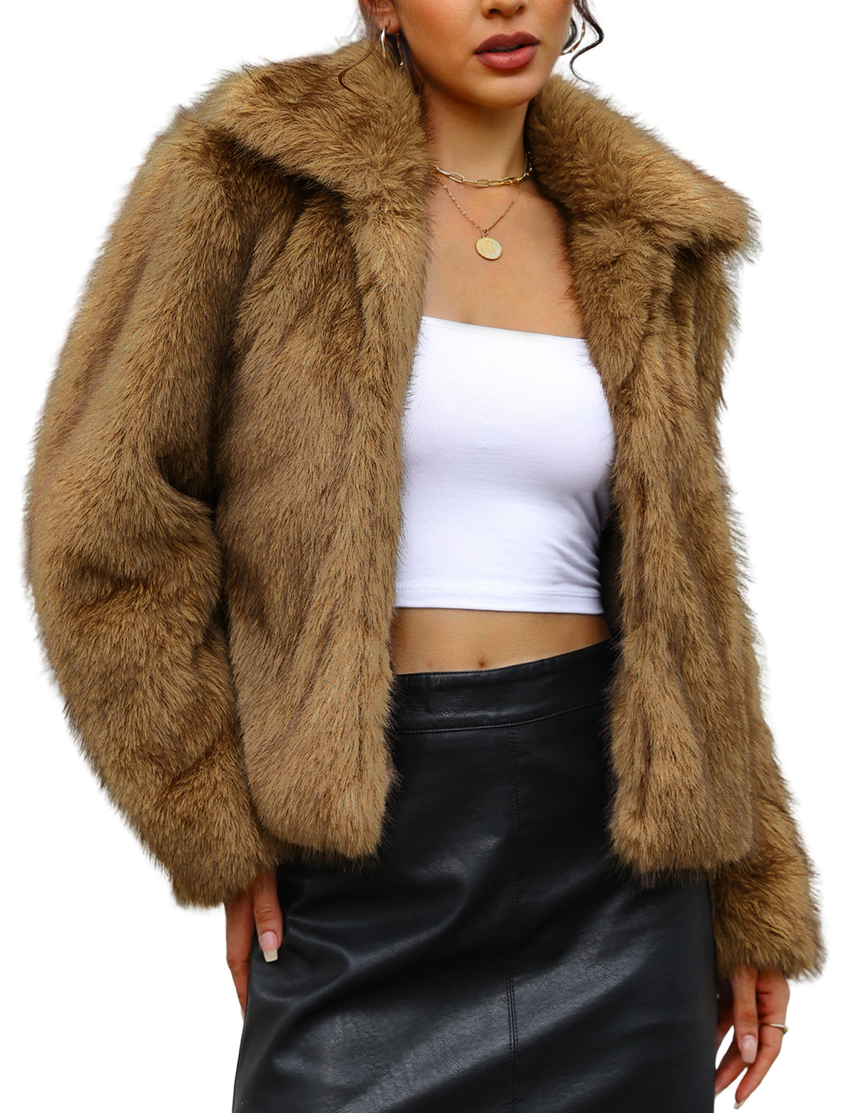 LOMON Faux Fur Coat Women Two-Tone Cropped Fluffy Jacket