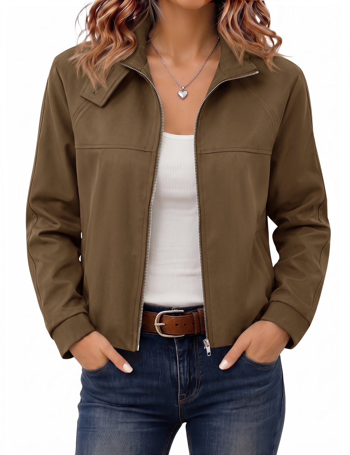 LOMON Jackets for Women Zip Up Funnel Neck Cropped Jackets With Pockets