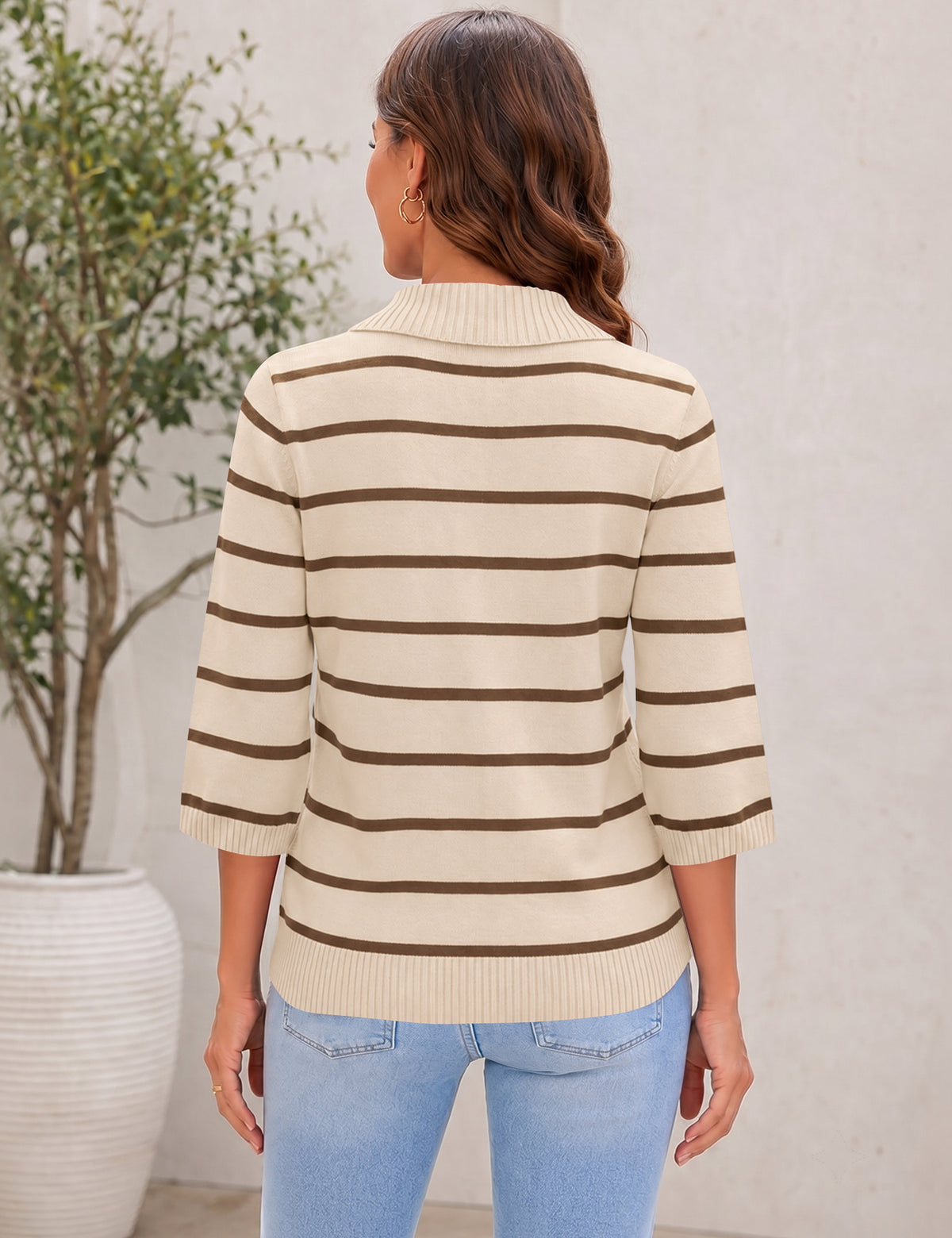 LOMON Womens Collared V Neck 3/4 Sleeve Sweaters Knit Pullover Tops