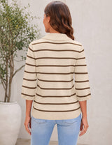 LOMON Womens Collared V Neck 3/4 Sleeve Sweaters Knit Pullover Tops