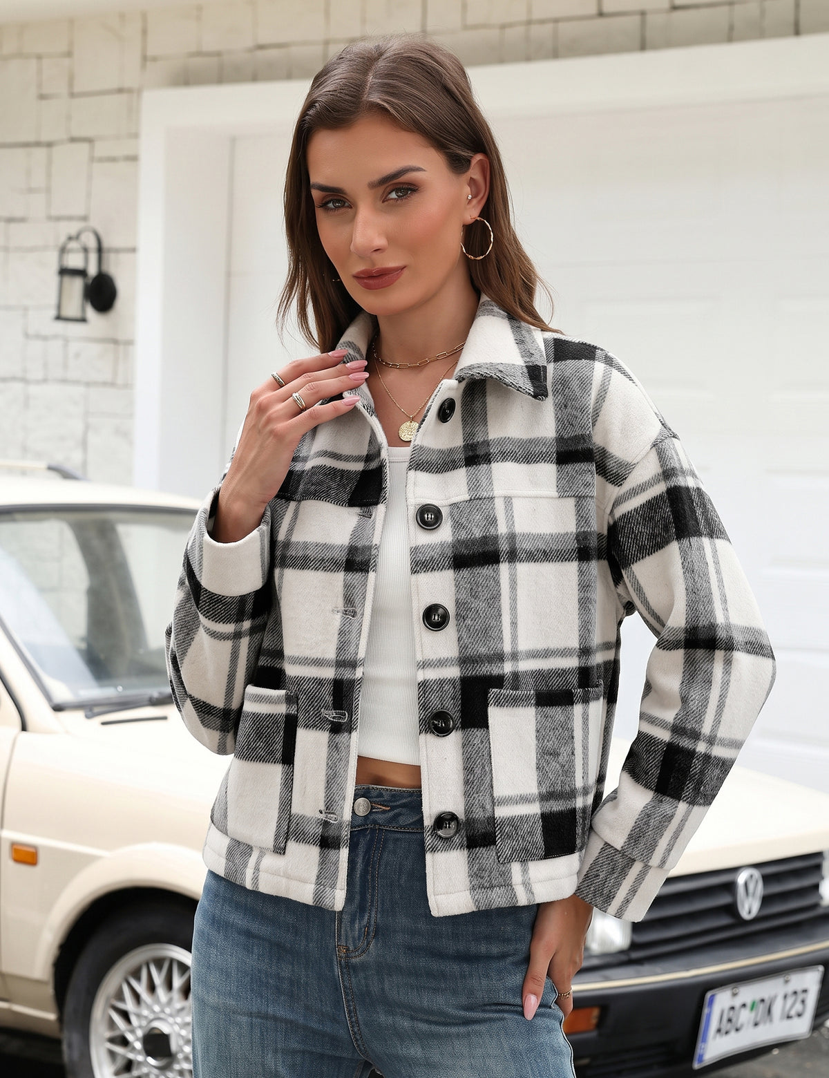 LOMON Women's Flannel Cropped Plaid Shacket Jacket Button Down Fall Outfits