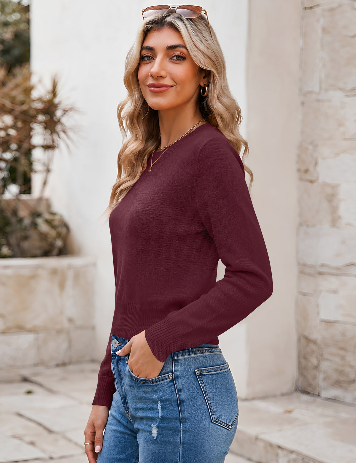 LOMON Women's Cropped Sweaters Crewneck Fall Clothes Long Sleeve Knit Tops