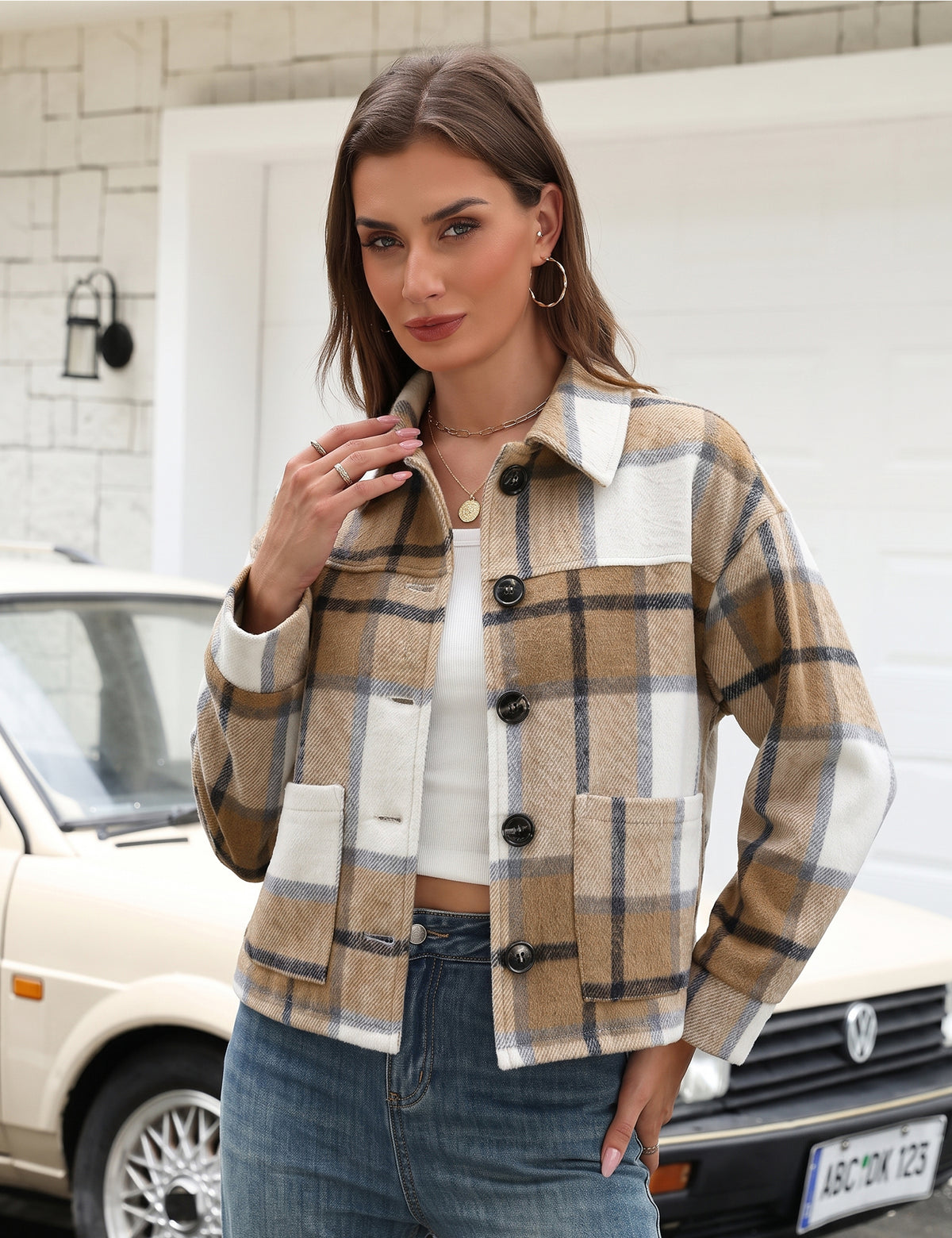 LOMON Women's Flannel Cropped Plaid Shacket Jacket Button Down Fall Outfits
