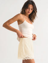 LOMON Women Lace Hem Satin Mini Skirt with Built-in Shorts