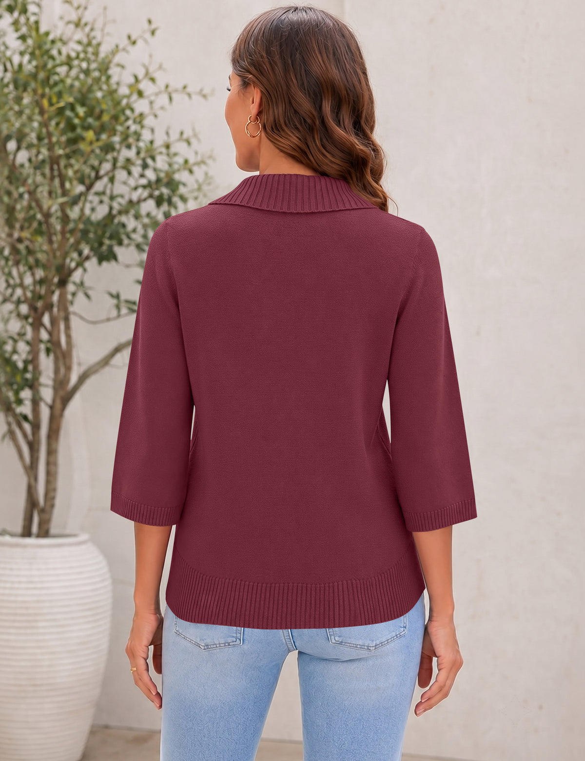 LOMON Womens Collared V Neck 3/4 Sleeve Sweaters Knit Pullover Tops