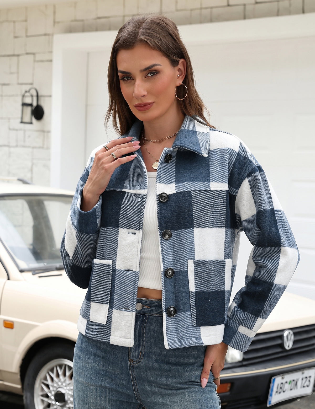 LOMON Women's Flannel Cropped Plaid Shacket Jacket Button Down Fall Outfits