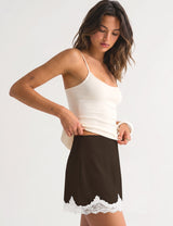 LOMON Women Lace Hem Satin Mini Skirt with Built-in Shorts