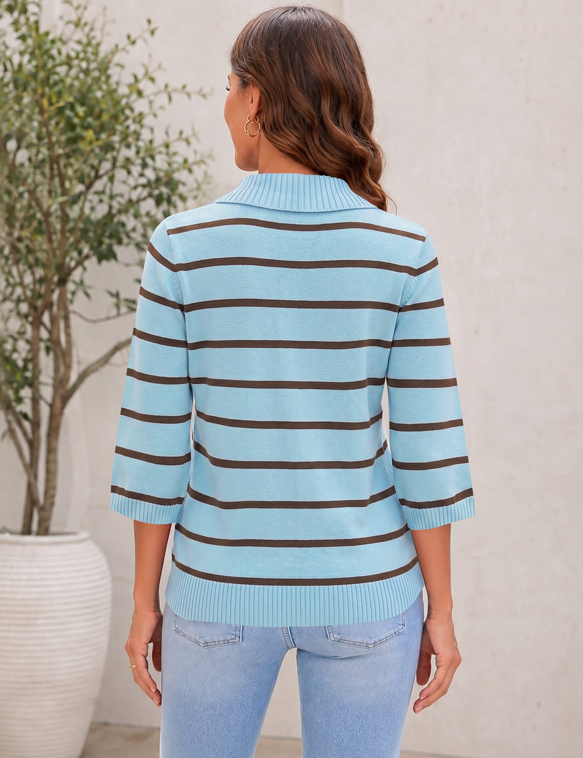 LOMON Womens Collared V Neck 3/4 Sleeve Sweaters Knit Pullover Tops
