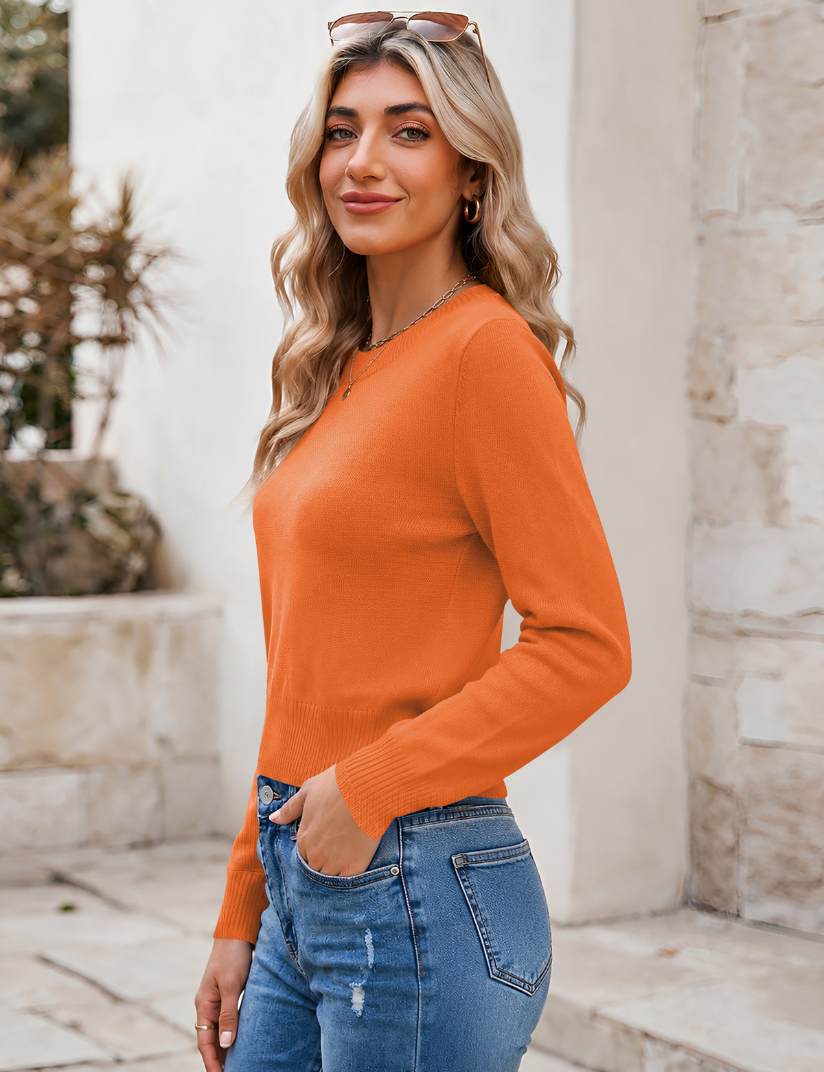 LOMON Women's Cropped Sweaters Crewneck Fall Clothes Long Sleeve Knit Tops