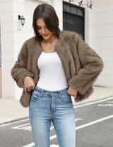 LOMON Women's Winter Cropped Faux Fur Coat Long Sleeve Open Front Cardigan