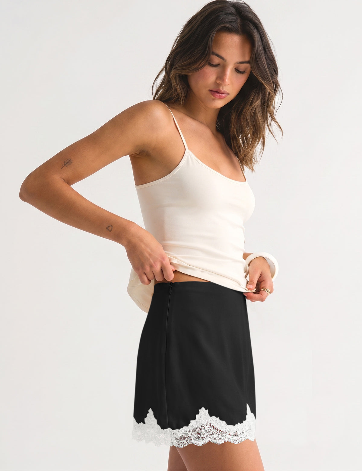 LOMON Women Lace Hem Satin Mini Skirt with Built-in Shorts