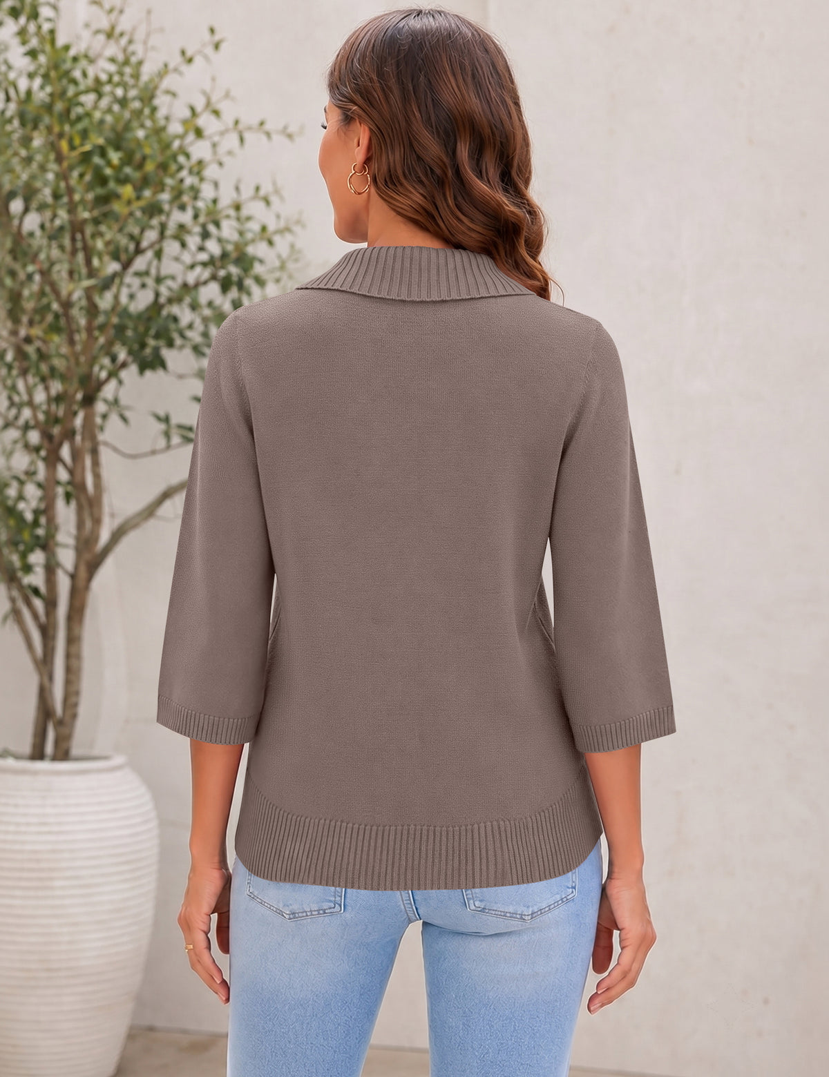 LOMON Womens Collared V Neck 3/4 Sleeve Sweaters Knit Pullover Tops
