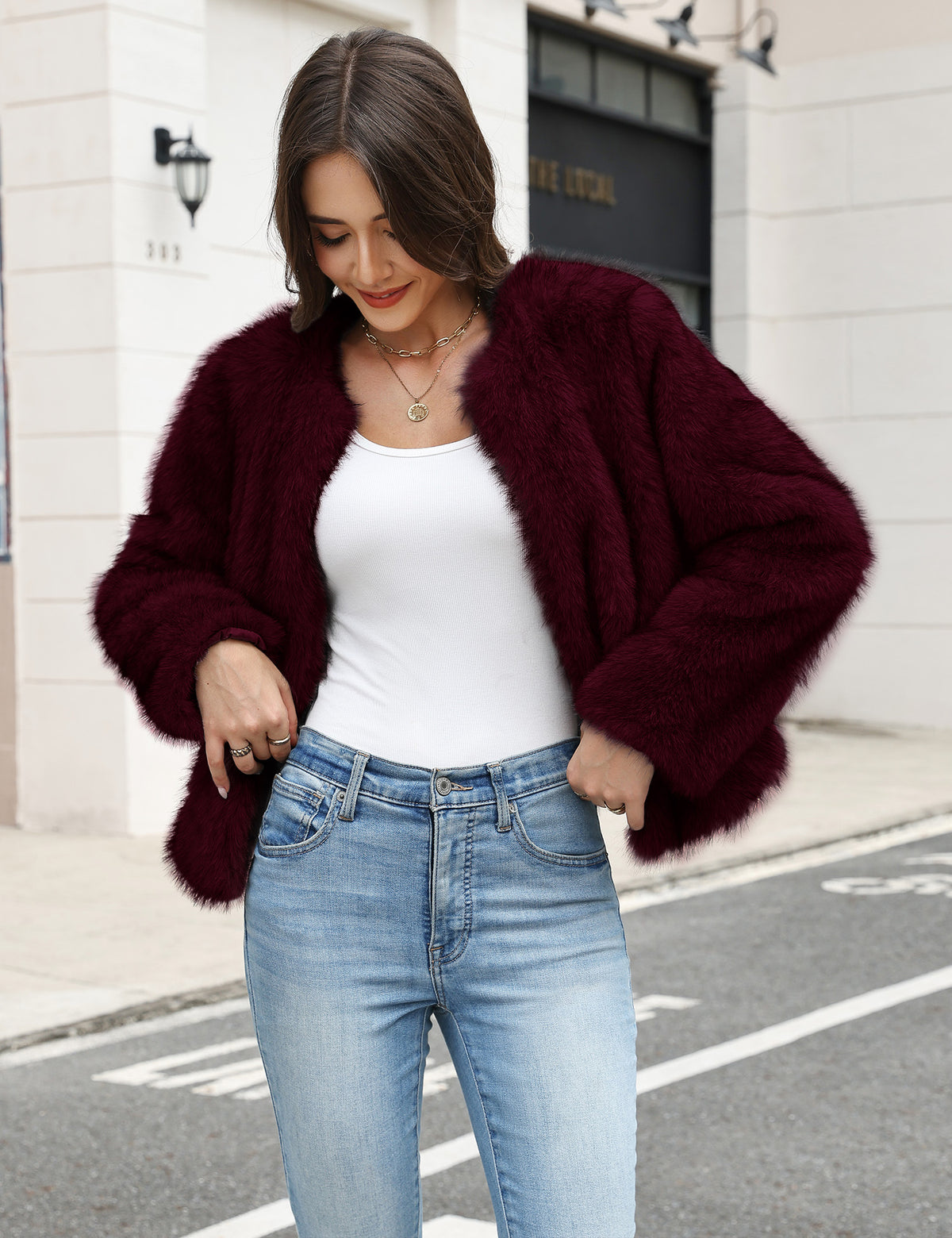 LOMON Women's Winter Cropped Faux Fur Coat Long Sleeve Open Front Cardigan
