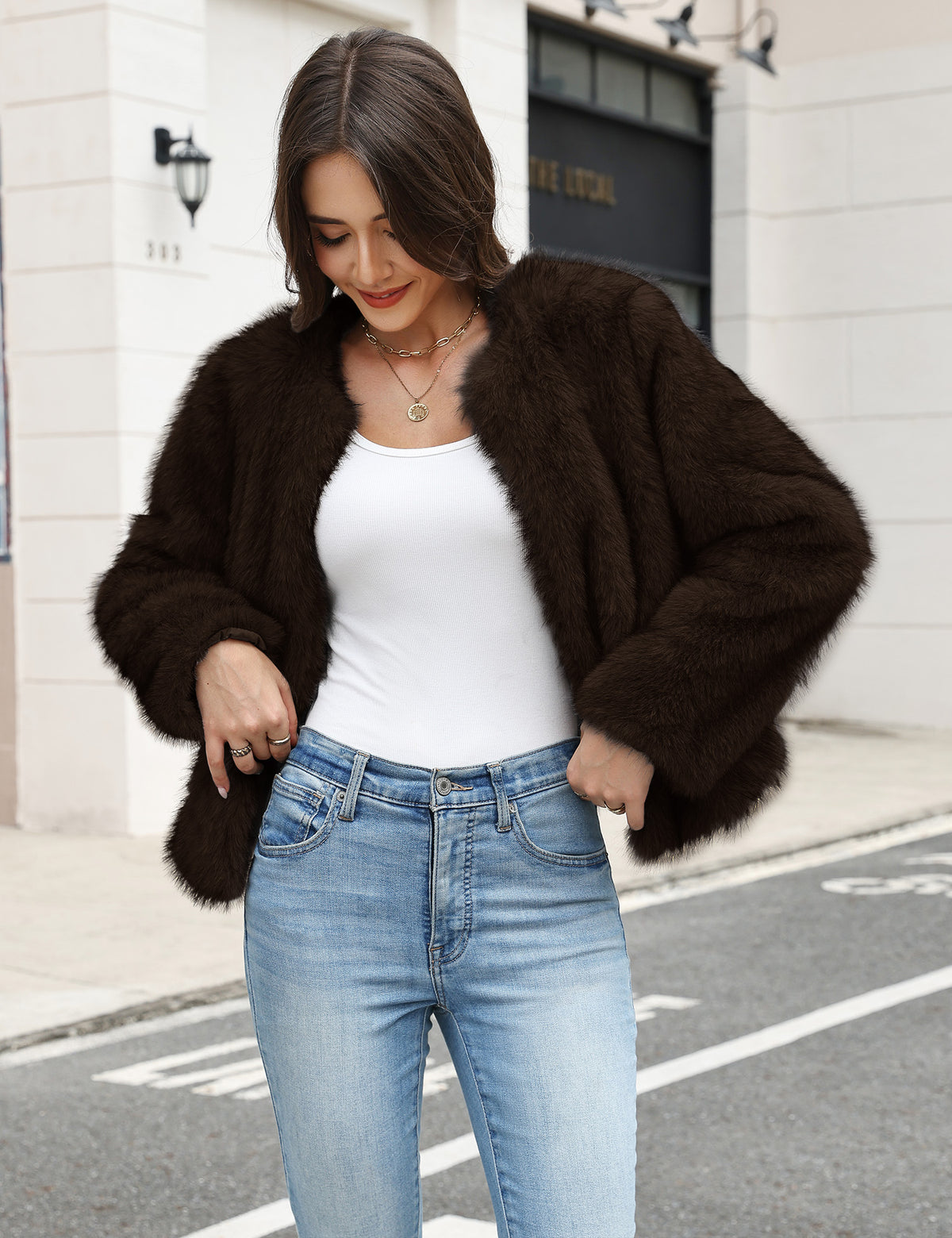 LOMON Women's Winter Cropped Faux Fur Coat Long Sleeve Open Front Cardigan