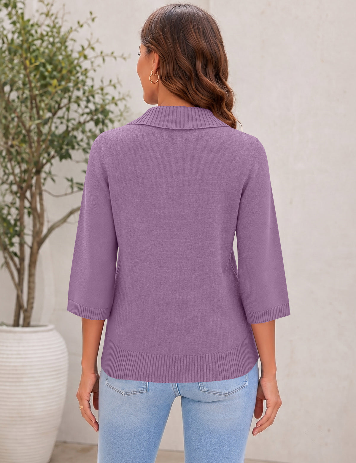 LOMON Womens Collared V Neck 3/4 Sleeve Sweaters Knit Pullover Tops
