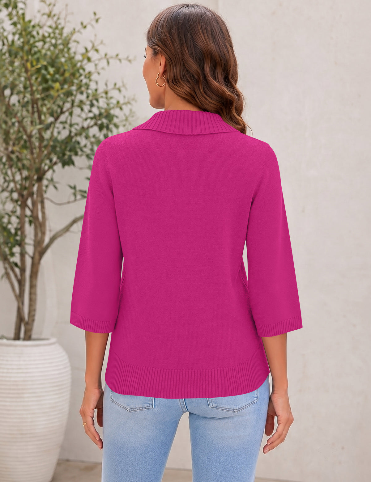 LOMON Womens Collared V Neck 3/4 Sleeve Sweaters Knit Pullover Tops