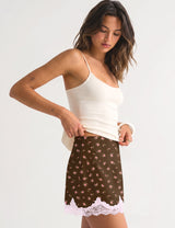 LOMON Women Lace Hem Satin Mini Skirt with Built-in Shorts