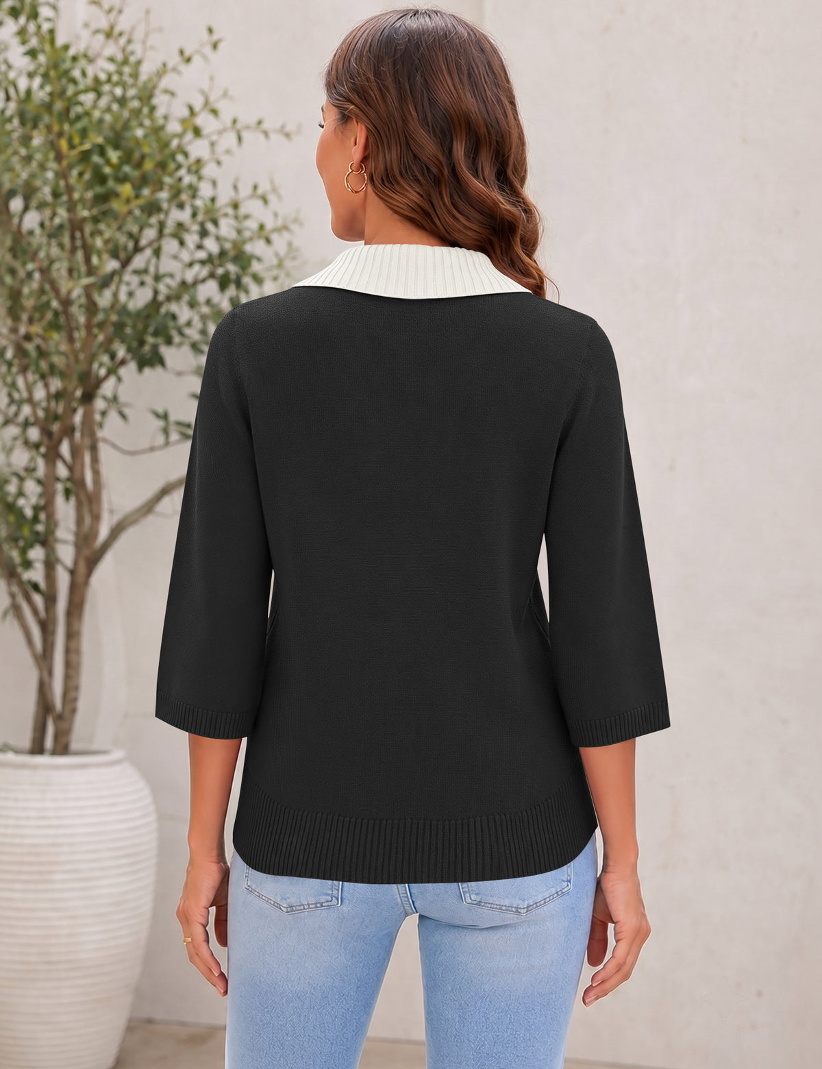 LOMON Womens Collared V Neck 3/4 Sleeve Sweaters Knit Pullover Tops