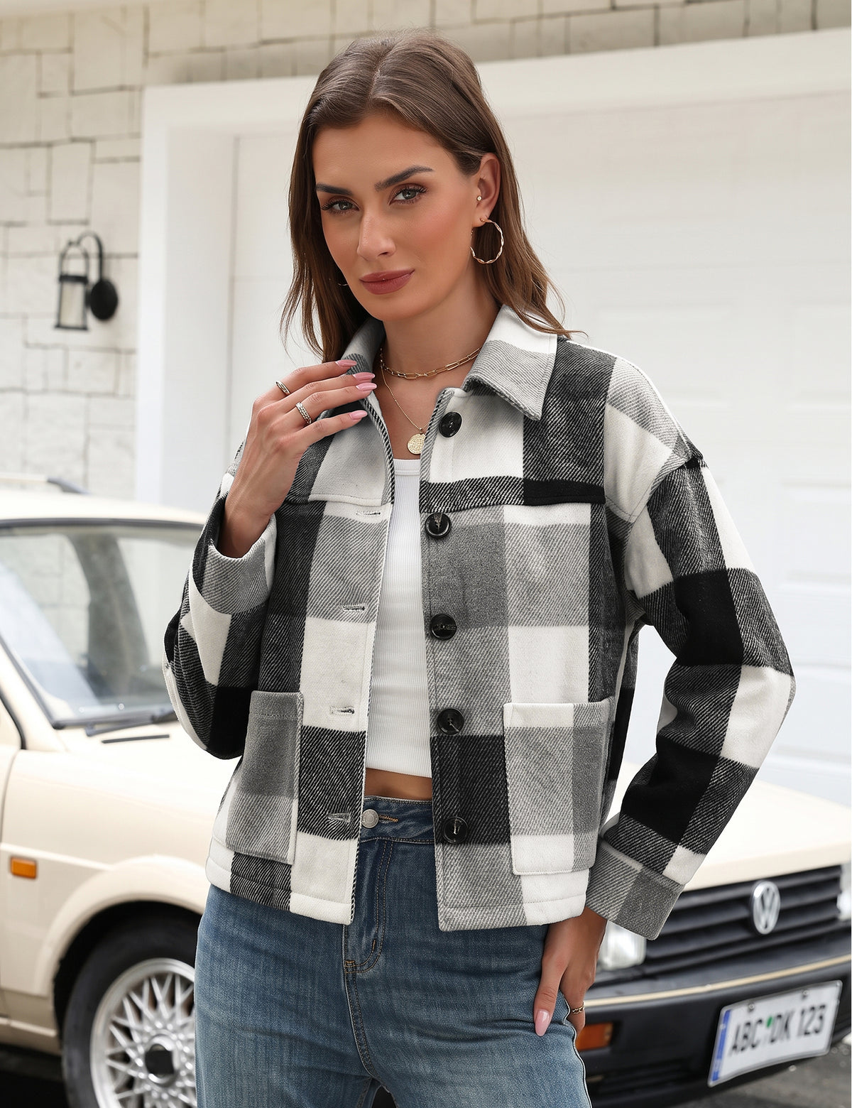 LOMON Women's Flannel Cropped Plaid Shacket Jacket Button Down Fall Outfits