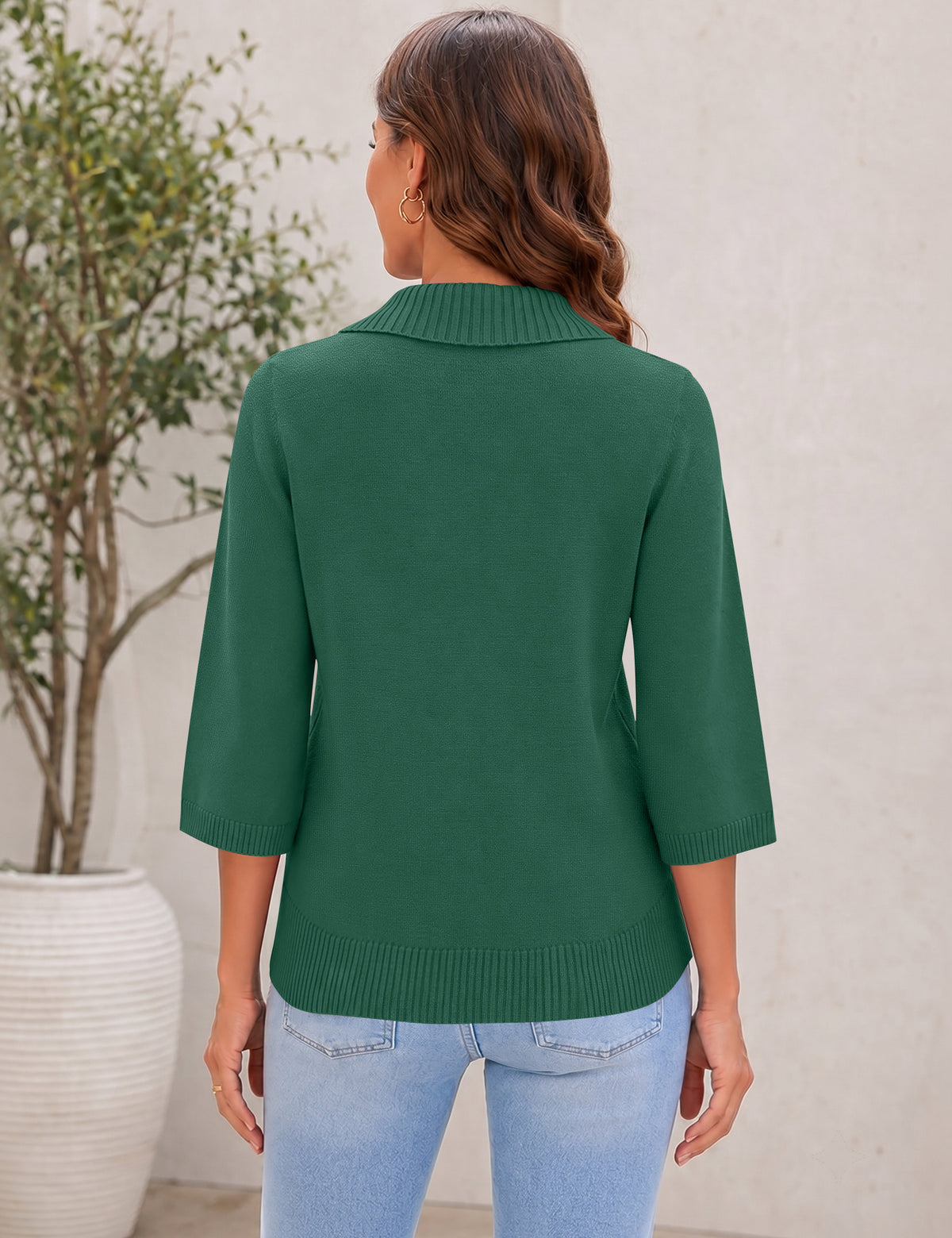 LOMON Womens Collared V Neck 3/4 Sleeve Sweaters Knit Pullover Tops