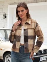 LOMON Women's Flannel Cropped Plaid Shacket Jacket Button Down Fall Outfits