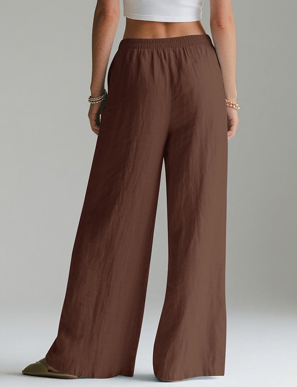 LOMON Linen Pants Women Wide Leg Palazzo Summer Flowy Pants Beach Vacation Clothes Elastic Waist Travel Trousers with Pockets