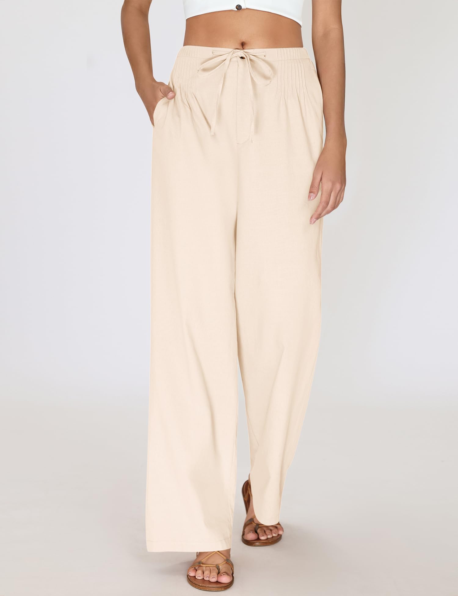 LOMON Womens Linen Pants Summer Wide Leg Cotton Pants Drawstring Elastic Waist Casual Loose Slacks Work Trousers with Pockets