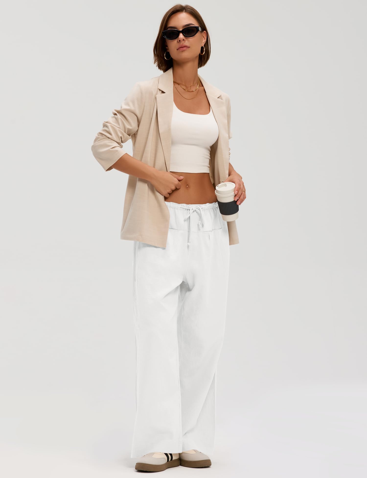 LOMON Pants for Women Wide Leg Side Striped Pants Drawstring Baggy Palazzo Work Trousers with Pockets