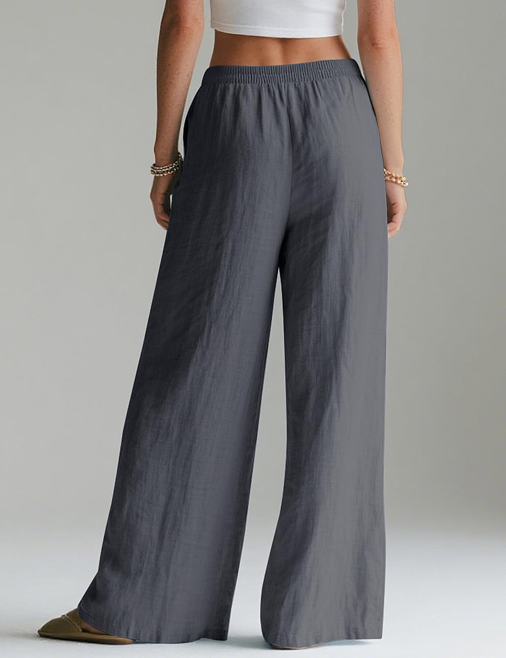 LOMON Linen Pants Women Wide Leg Palazzo Summer Flowy Pants Beach Vacation Clothes Elastic Waist Travel Trousers with Pockets