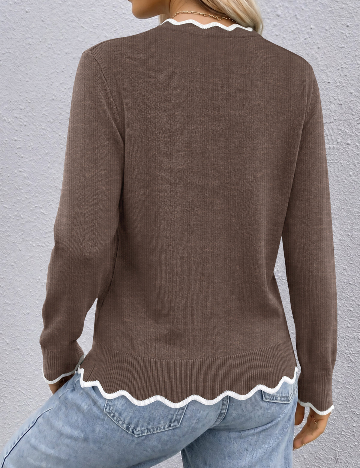 LOMON Sweaters for Women Fall Scalloped Long Sleeve Pullover