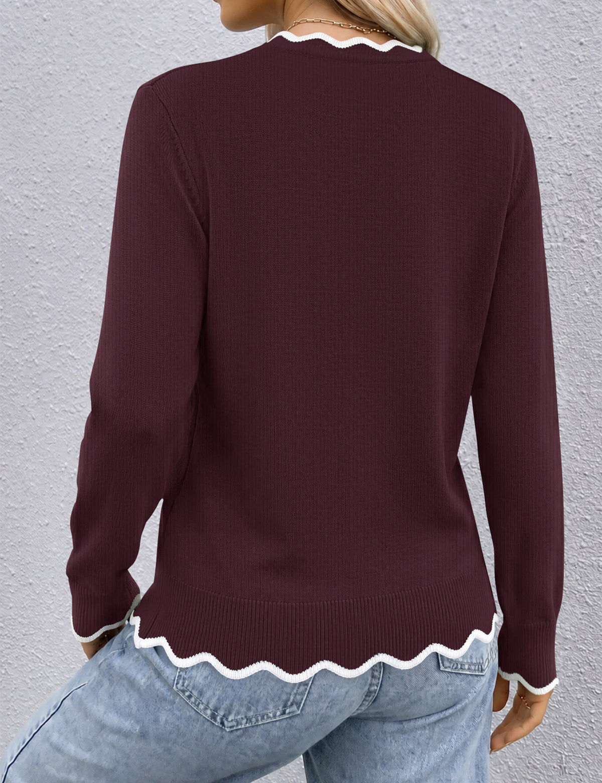 LOMON Sweaters for Women Fall Scalloped Long Sleeve Pullover